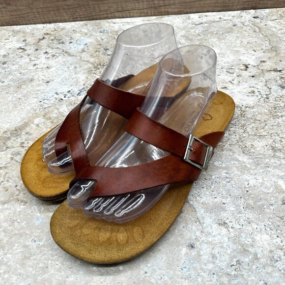 Yokono Sandals Womens Size 9 Cognac Leather Toe Loop Slides Adjustable Buckle - Picture 4 of 11